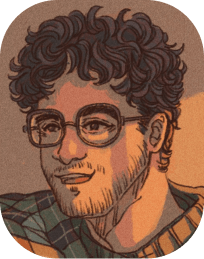 a drawing of a man with curly hair and round glasses
